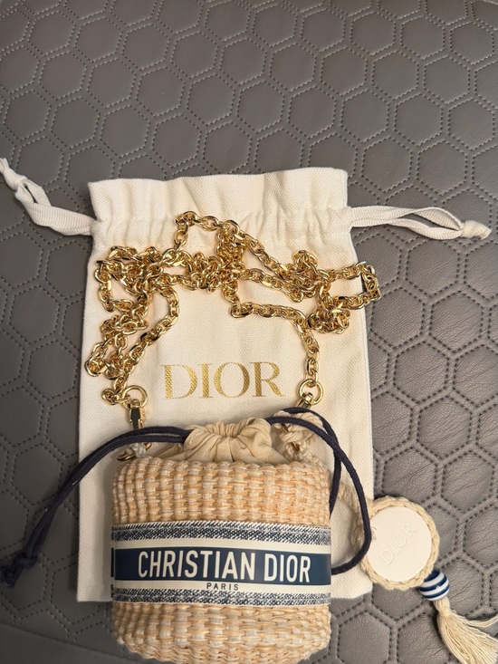 Dior Handbags - Dior Mini Raffia Bucket Bag Natural and Navy with Gold Chain and original strap